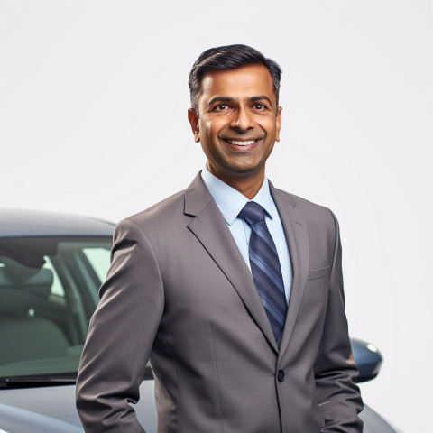 Friendly smiling handsome indian man automotive sales representative at work on white background Friendly smiling handsome indian man automotive sales representative at work on white background