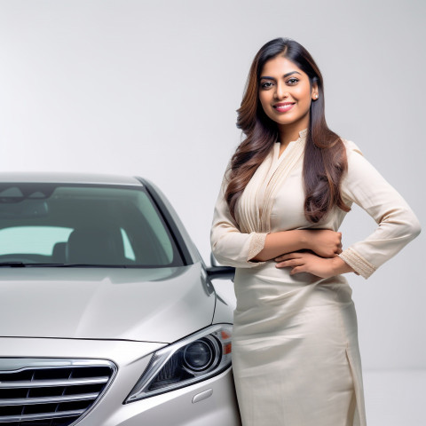 Friendly smiling beautiful indian woman automotive safety compliance specialist at work on white background Friendly smiling beautiful indian woman automotive safety compliance specialist at work on white background