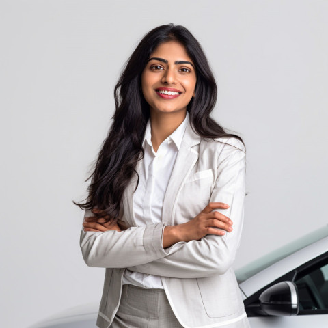 Friendly smiling beautiful indian woman automotive safety compliance specialist at work on white background Friendly smiling beautiful indian woman automotive safety compliance specialist at work on white background