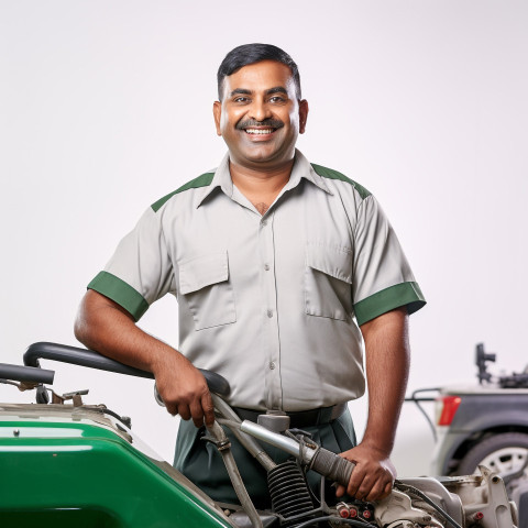 Friendly smiling handsome indian man automotive cleaning and maintenance staff at work on white background Friendly smiling handsome indian man automotive cleaning and maintenance staff at work on white background