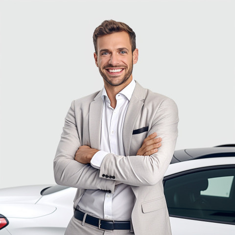 Friendly smiling handsome man automotive customer relations specialist at work on white background Friendly smiling handsome man automotive customer relations specialist at work on white background