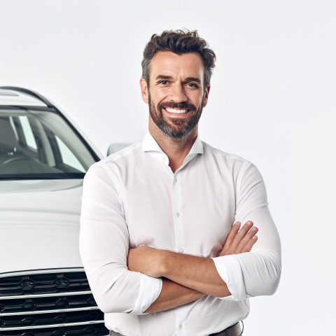Friendly smiling handsome man automotive safety compliance specialist at work on white background Friendly smiling handsome man automotive safety compliance specialist at work on white background