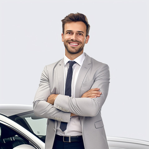 Friendly smiling handsome man automotive customer relations specialist at work on white background Friendly smiling handsome man automotive customer relations specialist at work on white background