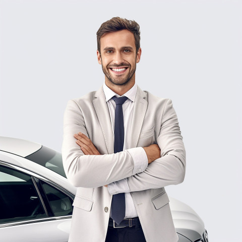 Friendly smiling handsome man automotive customer relations specialist at work on white background Friendly smiling handsome man automotive customer relations specialist at work on white background