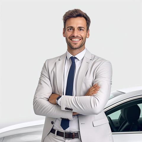Friendly smiling handsome man automotive customer relations specialist at work on white background Friendly smiling handsome man automotive customer relations specialist at work on white background
