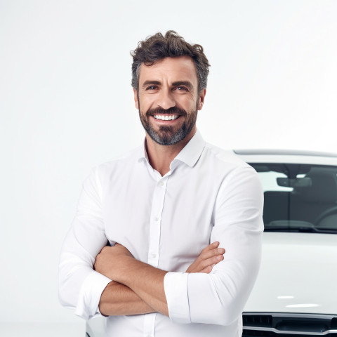 Friendly smiling handsome man automotive safety compliance specialist at work on white background Friendly smiling handsome man automotive safety compliance specialist at work on white background