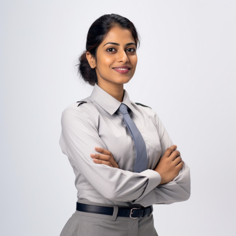 Friendly smiling beautiful indian woman automotive compliance and safety officer at work on white background Friendly smiling beautiful indian woman automotive compliance and safety officer at work on white background