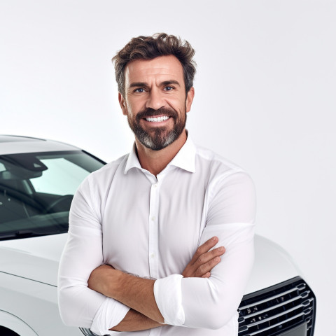 Friendly smiling handsome man automotive safety compliance specialist at work on white background Friendly smiling handsome man automotive safety compliance specialist at work on white background