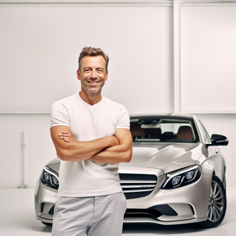 Friendly smiling handsome man automotive training instructor at work on white background Friendly smiling handsome man automotive training instructor at work on white background