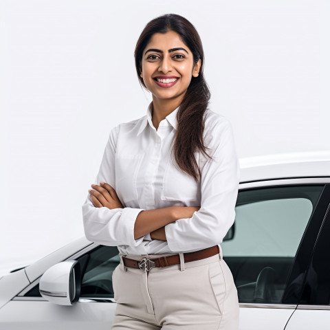 Friendly smiling beautiful indian woman automotive compliance and safety officer at work on white background Friendly smiling beautiful indian woman automotive compliance and safety officer at work on white background