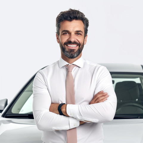 Friendly smiling handsome man automotive safety compliance specialist at work on white background Friendly smiling handsome man automotive safety compliance specialist at work on white background