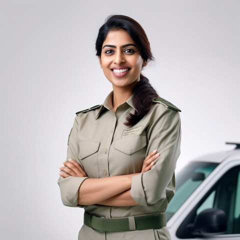 Friendly smiling beautiful indian woman automotive compliance and safety officer at work on white background Friendly smiling beautiful indian woman automotive compliance and safety officer at work on white background