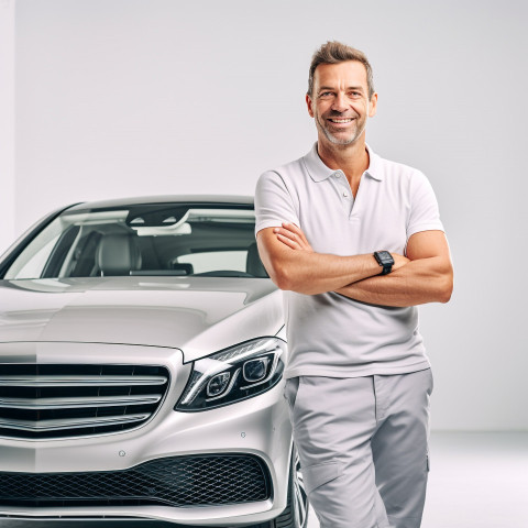 Friendly smiling handsome man automotive training instructor at work on white background Friendly smiling handsome man automotive training instructor at work on white background