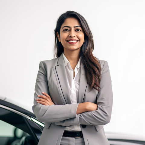 Friendly smiling beautiful indian woman automotive sales representative at work on white background Friendly smiling beautiful indian woman automotive sales representative at work on white background