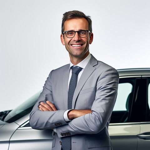 Friendly smiling handsome man automotive sales manager at work on white background Friendly smiling handsome man automotive sales manager at work on white background