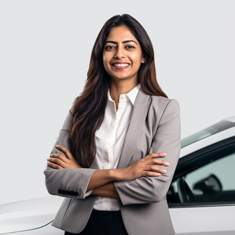 Friendly smiling beautiful indian woman automotive sales representative at work on white background Friendly smiling beautiful indian woman automotive sales representative at work on white background