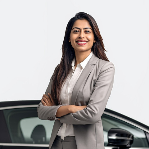 Friendly smiling beautiful indian woman automotive sales representative at work on white background Friendly smiling beautiful indian woman automotive sales representative at work on white background