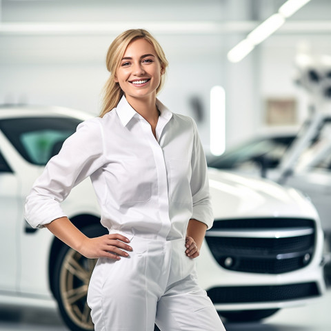 Friendly smiling beautiful woman automotive valets at work on blured background Friendly smiling beautiful woman automotive valets at work on blured background