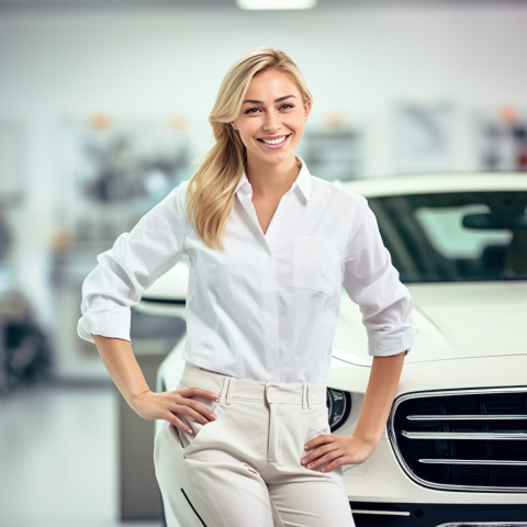Friendly smiling beautiful woman automotive valets at work on blured background Friendly smiling beautiful woman automotive valets at work on blured background
