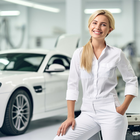 Friendly smiling beautiful woman automotive valets at work on blured background Friendly smiling beautiful woman automotive valets at work on blured background
