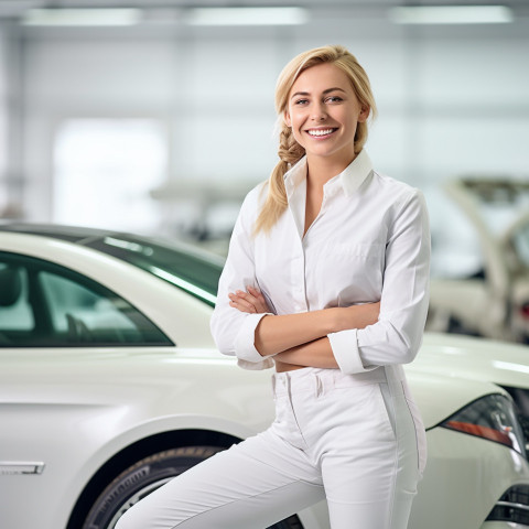 Friendly smiling beautiful woman automotive valets at work on blured background Friendly smiling beautiful woman automotive valets at work on blured background