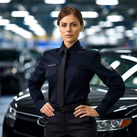 Confident beautiful woman automotive security personnel at work on blured background Confident beautiful woman automotive security personnel at work on blured background