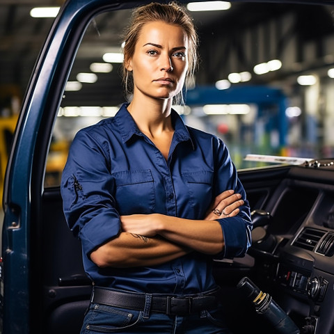 Confident beautiful woman automotive driver at work on blured background Confident beautiful woman automotive driver at work on blured background