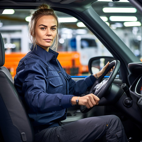 Confident beautiful woman automotive driver at work on blured background Confident beautiful woman automotive driver at work on blured background