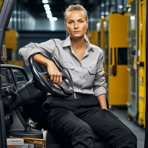 Confident beautiful woman automotive driver at work on blured background Confident beautiful woman automotive driver at work on blured background