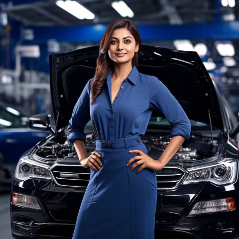 Confident beautiful indian woman automotive service manager at work on blured background Confident beautiful indian woman automotive service manager at work on blured background