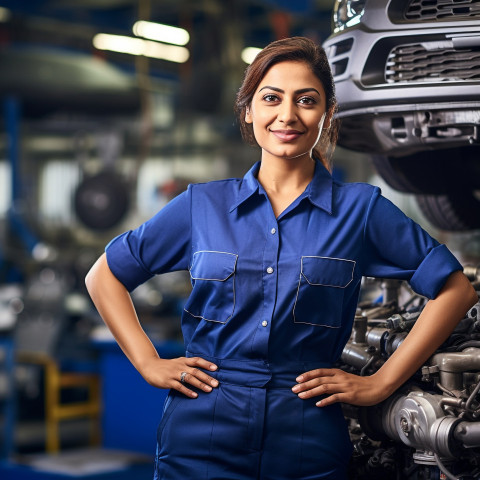 Confident beautiful indian woman automotive service manager at work on blured background Confident beautiful indian woman automotive service manager at work on blured background