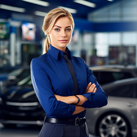 Confident beautiful woman automotive customer service representatives at work on blured background Confident beautiful woman automotive customer service representatives at work on blured background