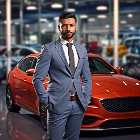 Confident handsome indian man automotive customer relations specialist at work on blured background Confident handsome indian man automotive customer relations specialist at work on blured background