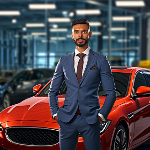 Confident handsome indian man automotive customer relations specialist at work on blured background Confident handsome indian man automotive customer relations specialist at work on blured background