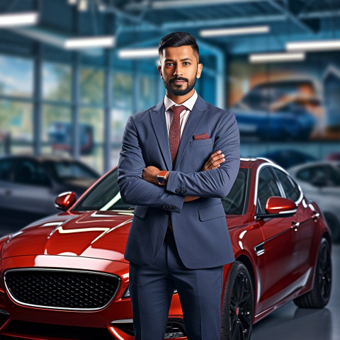 Confident handsome indian man automotive customer relations specialist at work on blured background Confident handsome indian man automotive customer relations specialist at work on blured background