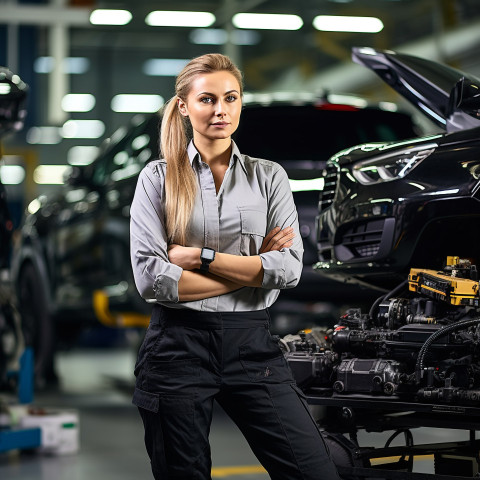 Confident beautiful woman automotive accountant at work on blured background Confident beautiful woman automotive accountant at work on blured background