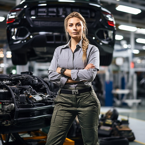 Confident beautiful woman automotive accountant at work on blured background Confident beautiful woman automotive accountant at work on blured background