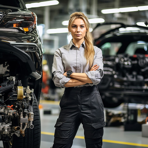 Confident beautiful woman automotive accountant at work on blured background Confident beautiful woman automotive accountant at work on blured background