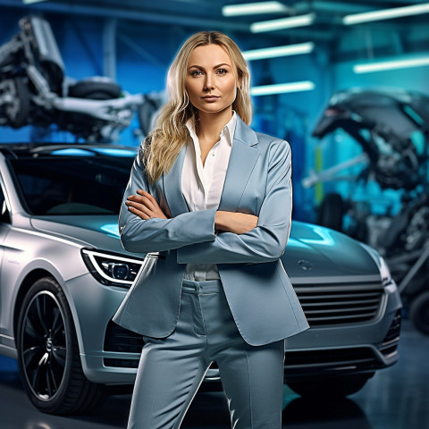 Confident beautiful woman automotive marketing and advertising specialist at work on blured background Confident beautiful woman automotive marketing and advertising specialist at work on blured background