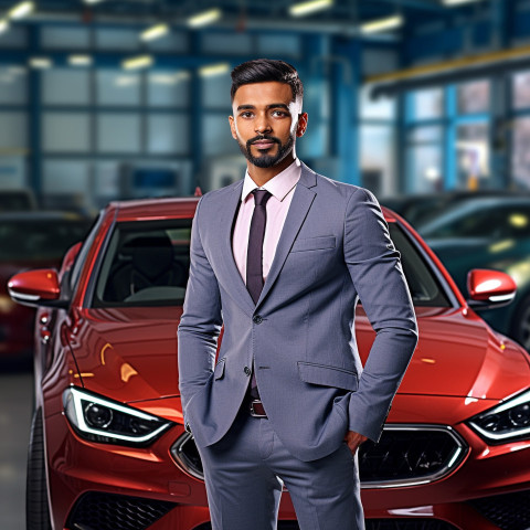 Confident handsome indian man automotive customer relations specialist at work on blured background Confident handsome indian man automotive customer relations specialist at work on blured background
