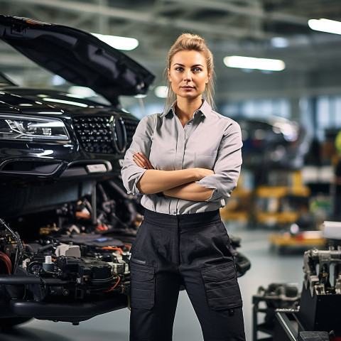 Confident beautiful woman automotive accountant at work on blured background Confident beautiful woman automotive accountant at work on blured background