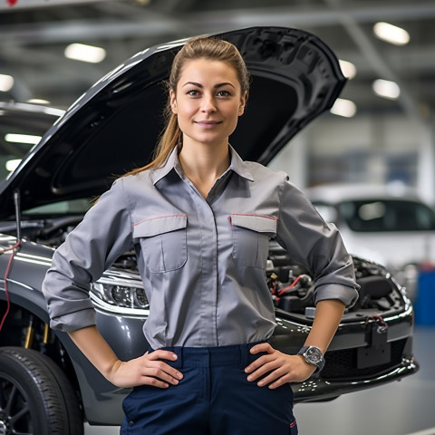Confident beautiful woman automotive training instructor at work on blured background Confident beautiful woman automotive training instructor at work on blured background