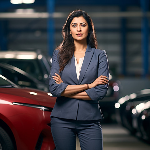 Confident beautiful indian woman automotive marketing manager at work on blured background Confident beautiful indian woman automotive marketing manager at work on blured background