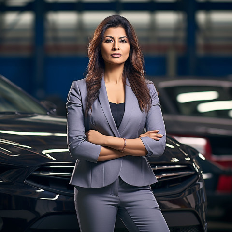 Confident beautiful indian woman automotive marketing manager at work on blured background Confident beautiful indian woman automotive marketing manager at work on blured background