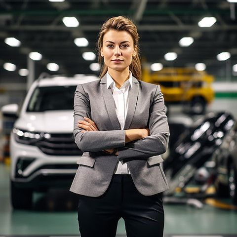 Confident beautiful woman automotive general manager at work on blured background Confident beautiful woman automotive general manager at work on blured background