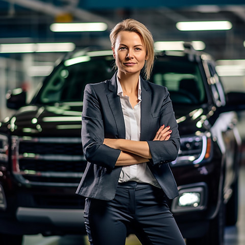 Confident beautiful woman automotive general manager at work on blured background Confident beautiful woman automotive general manager at work on blured background
