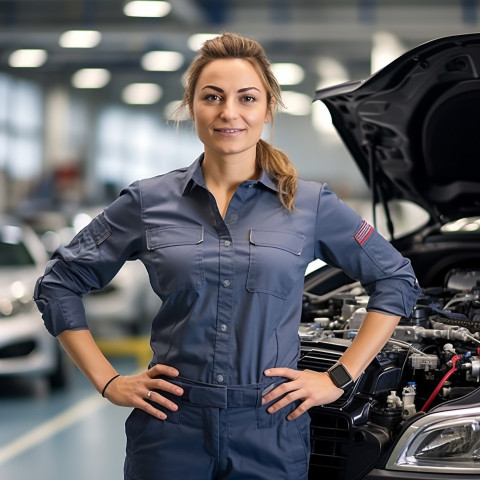 Confident beautiful woman automotive training instructor at work on blured background Confident beautiful woman automotive training instructor at work on blured background