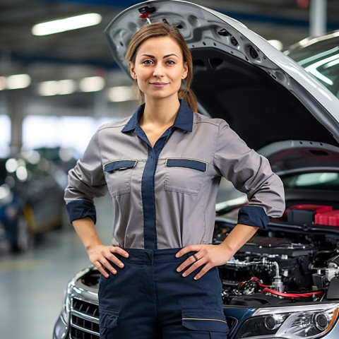 Confident beautiful woman automotive training instructor at work on blured background Confident beautiful woman automotive training instructor at work on blured background