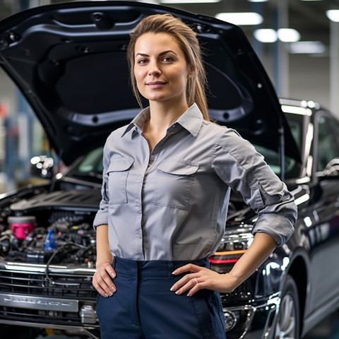 Confident beautiful woman automotive training instructor at work on blured background Confident beautiful woman automotive training instructor at work on blured background
