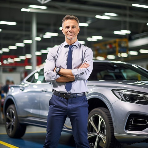 Confident handsome man automotive general manager at work on blured background Confident handsome man automotive general manager at work on blured background